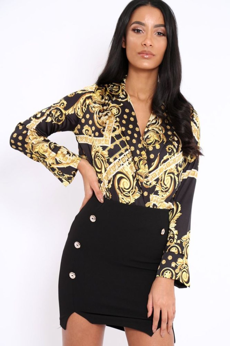 Clothing Rebellious Fashion | Black And Gold Scarf Print Satin Plunge Bodysuit - Moniqua