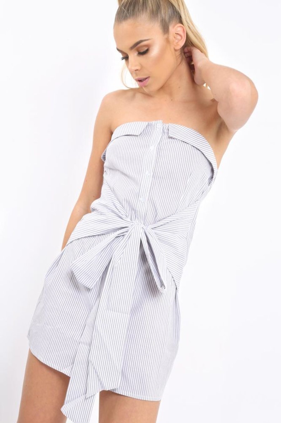 Clothing Rebellious Fashion | Grey Stripe Bardot Tie Around The Waist Dress - Gwen