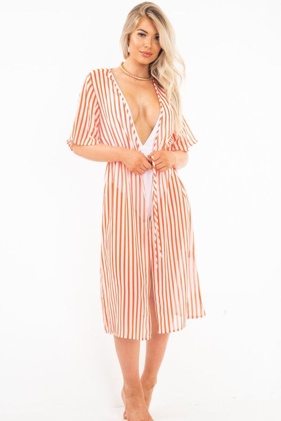 Clothing Rebellious Fashion | Red White Stripe Chiffon Plunge Tie Front Midi Dress - Priscilla