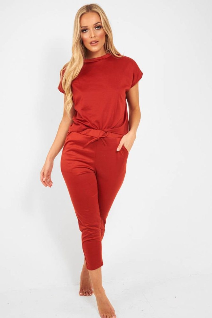 Clothing Rebellious Fashion | Rust Short Sleeve Crop Jogger Loungewear Set - Aarian