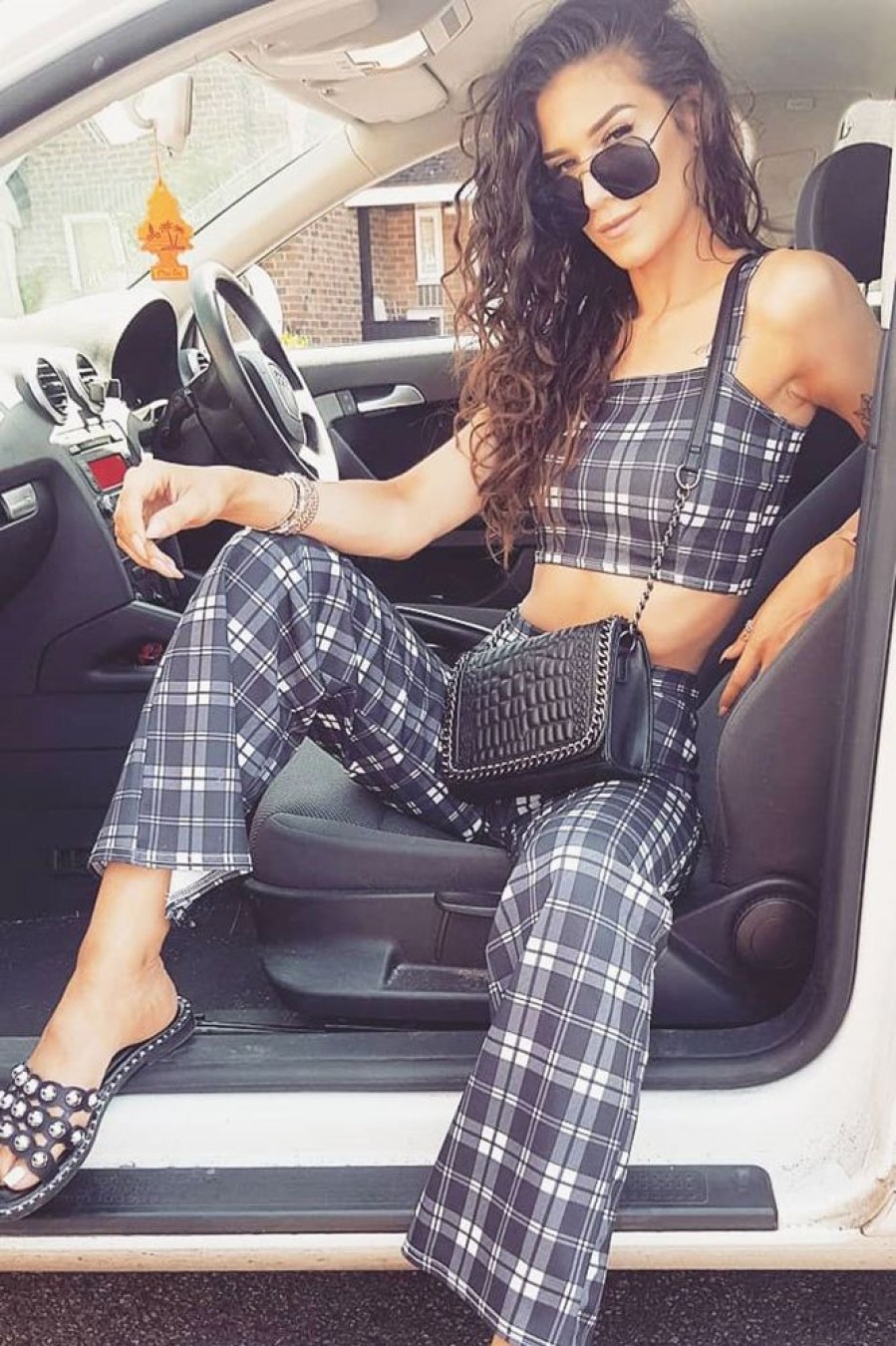 Clothing Rebellious Fashion | Black Checked Crop Top And Trousers Co-Ord Set - Kimmy