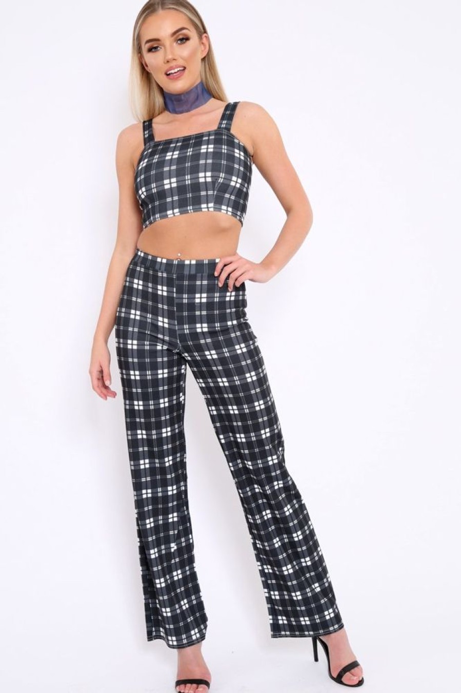 Clothing Rebellious Fashion | Black Checked Crop Top And Trousers Co-Ord Set - Kimmy