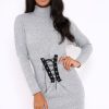 Clothing Rebellious Fashion | Grey High Neck Corset Front Ribbed Jumper Dress - Miah