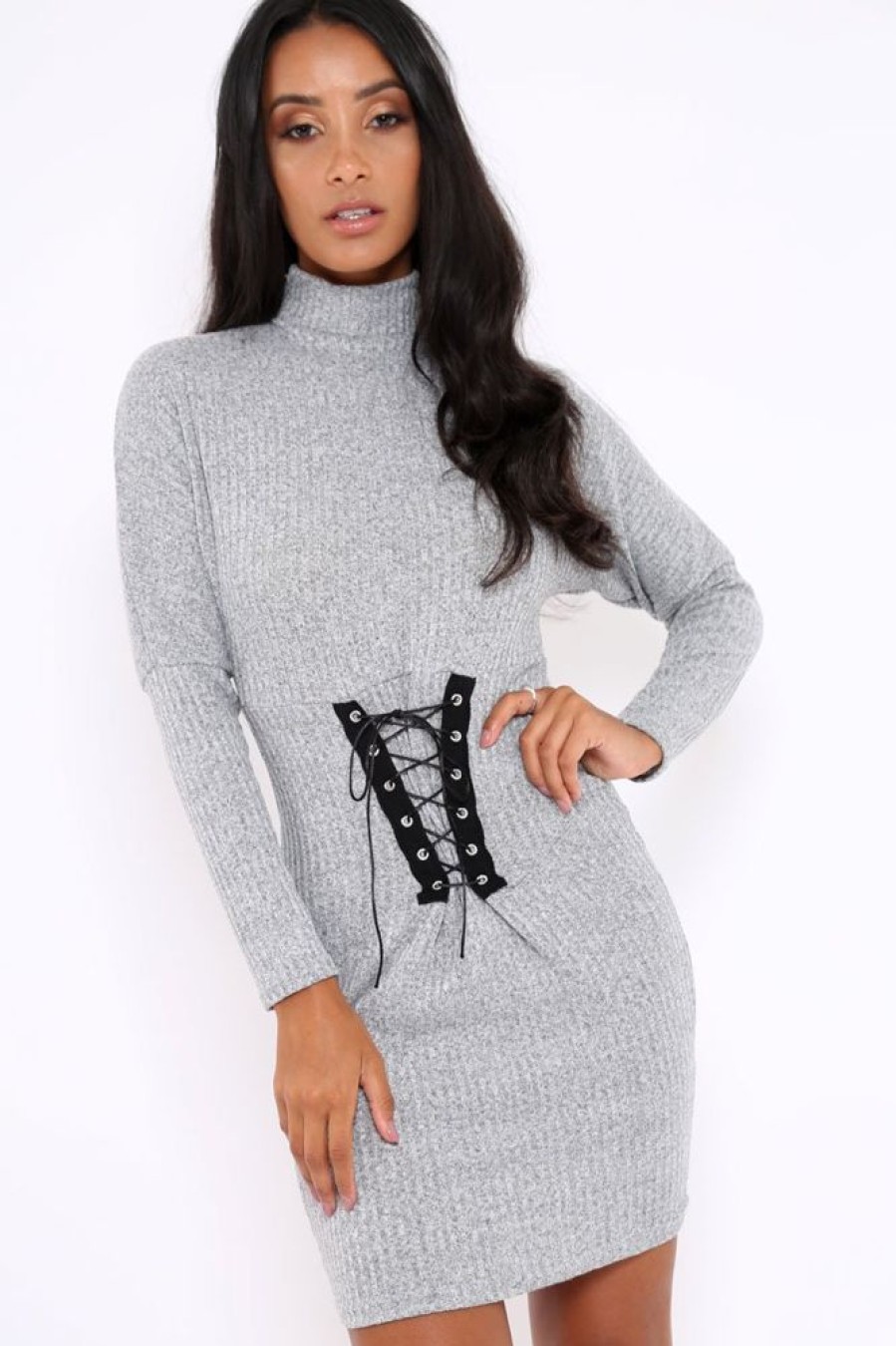 Clothing Rebellious Fashion | Grey High Neck Corset Front Ribbed Jumper Dress - Miah