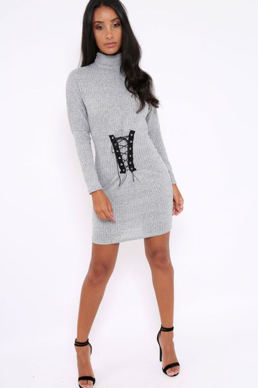 Clothing Rebellious Fashion | Grey High Neck Corset Front Ribbed Jumper Dress - Miah