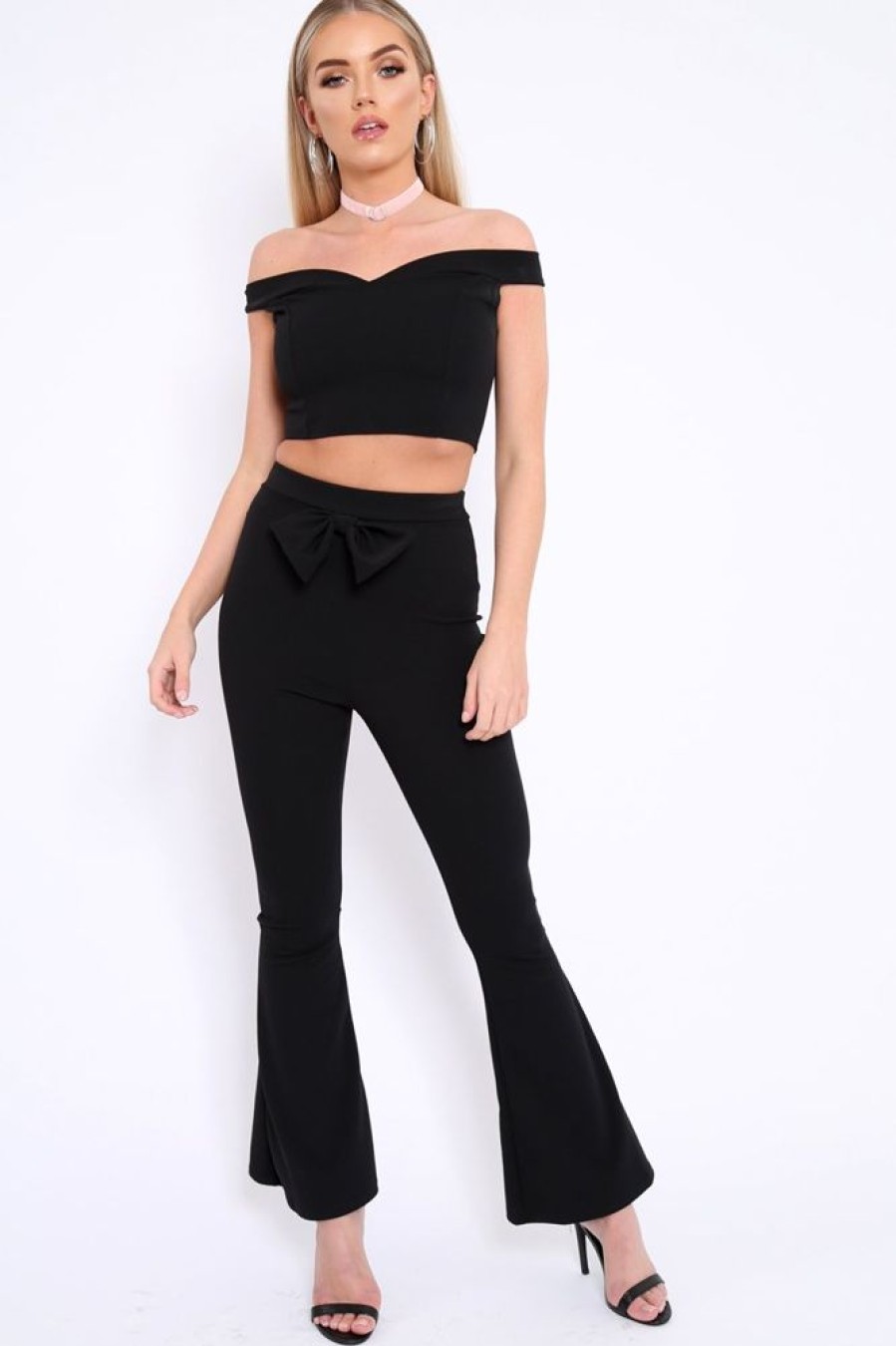 Clothing Rebellious Fashion | Black Bardot Crop Top And Flare Trousers Co-Ord - Cacie