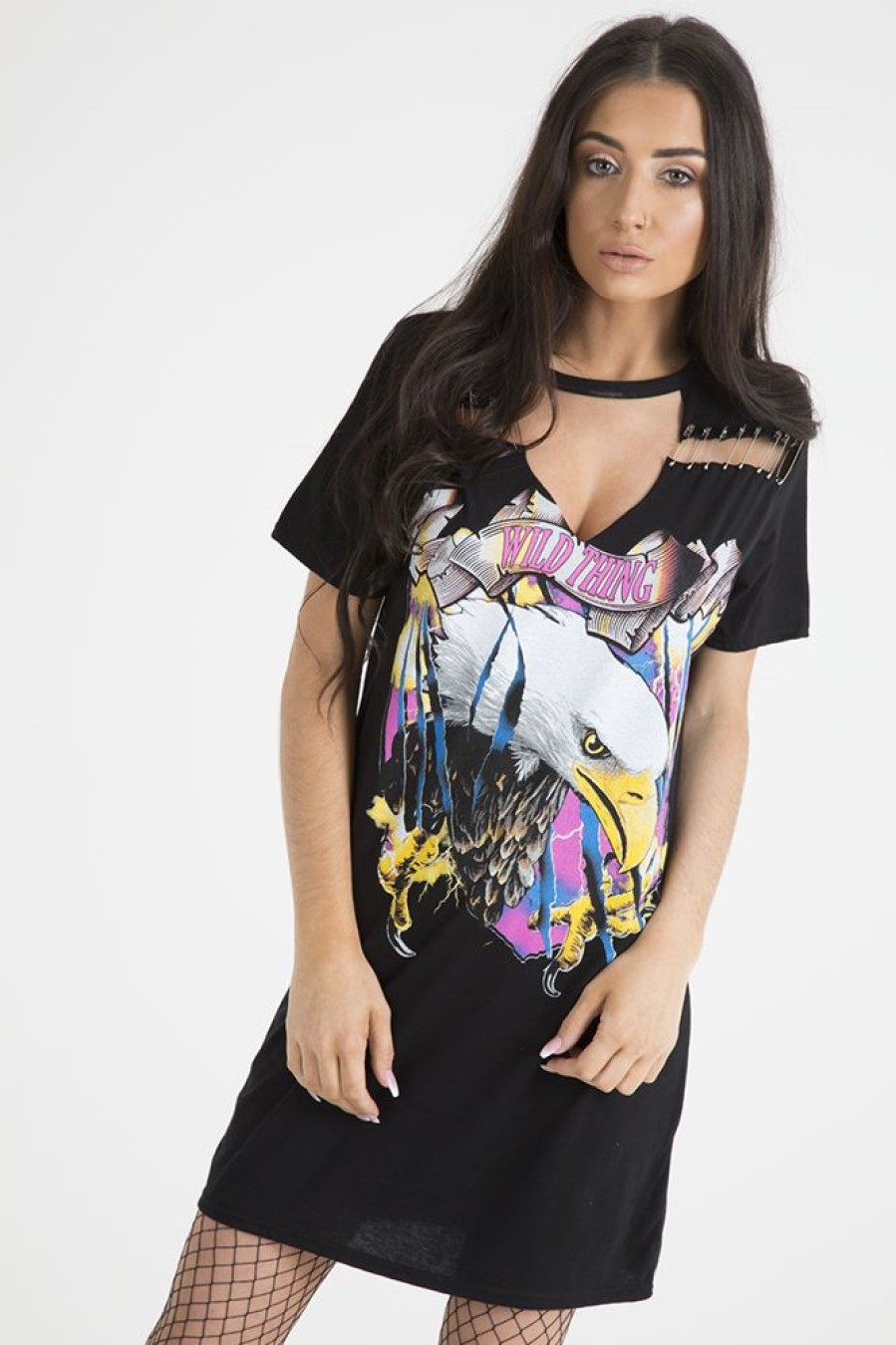 Clothing Rebellious Fashion | Black Eagle Print Cut Out Pin T-Shirt Dress - Thea