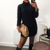 Clothing Rebellious Fashion | Black Oversized Knitted Turtle Neck Jumper Dress - Freyah