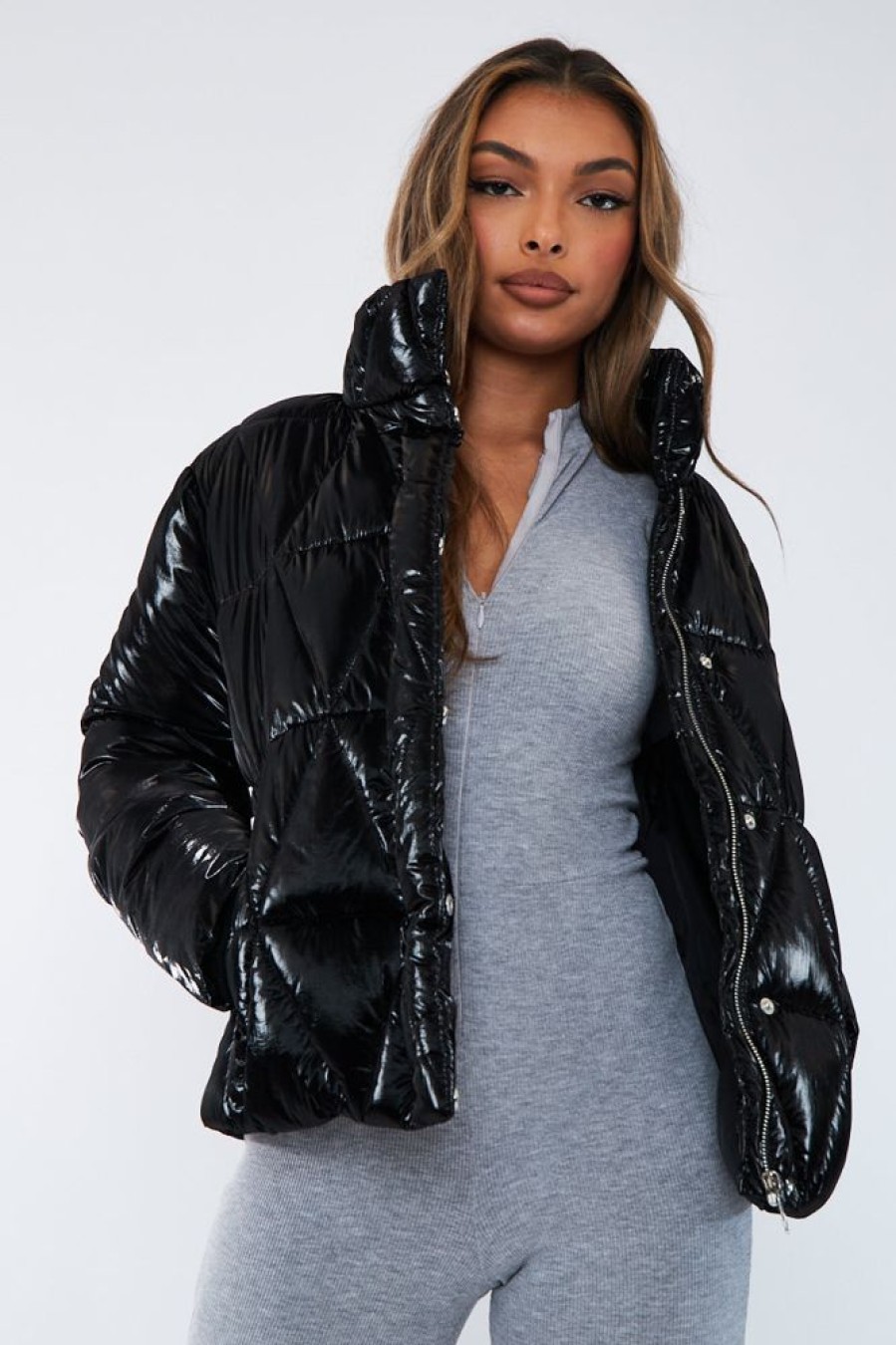 Clothing Rebellious Fashion | Black Diamond Quilt High Shine Puffer Jacket - Lumi