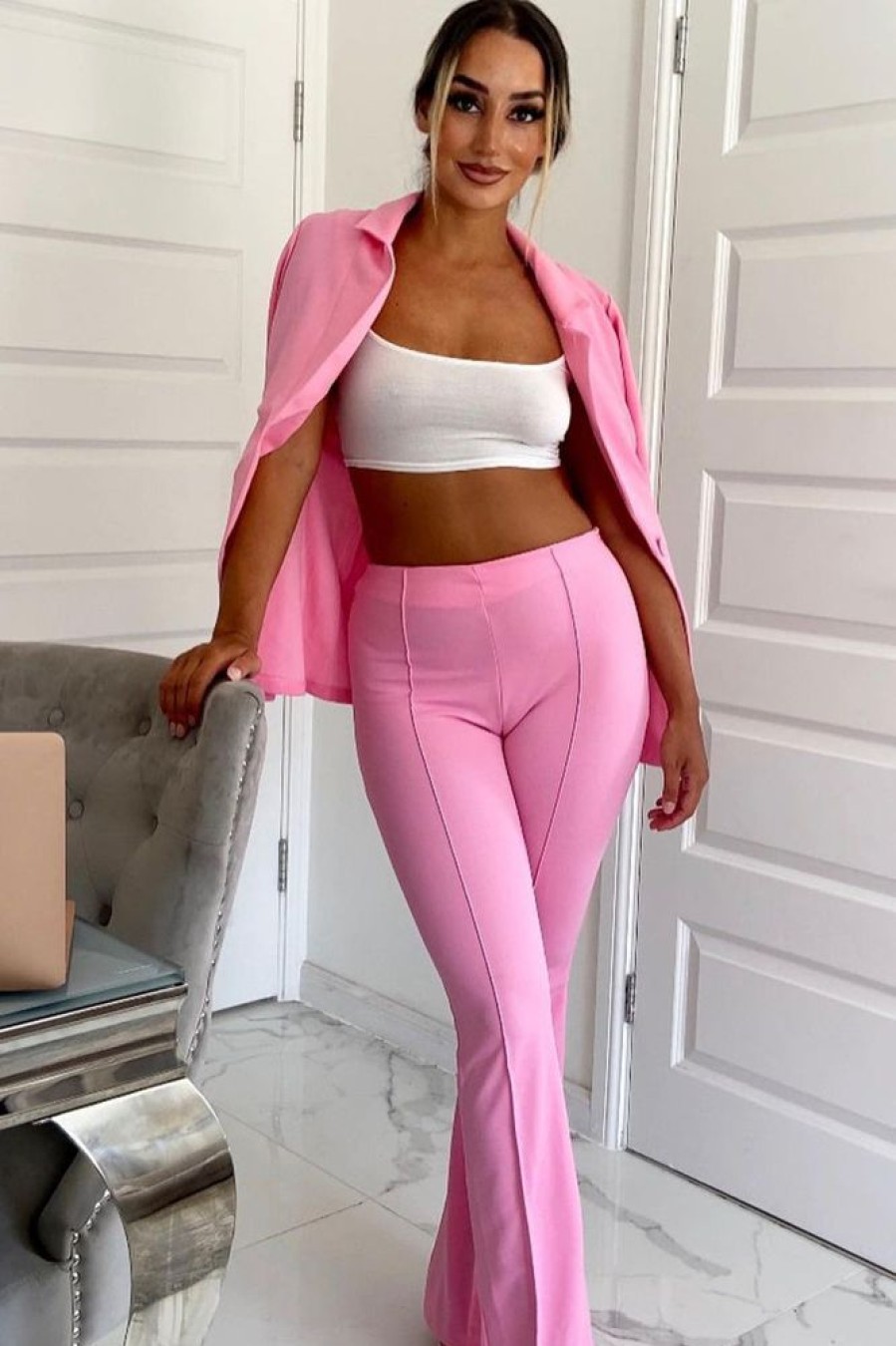 Clothing Rebellious Fashion | Light Pink Front Seam Flare Tailored Trousers - Celia