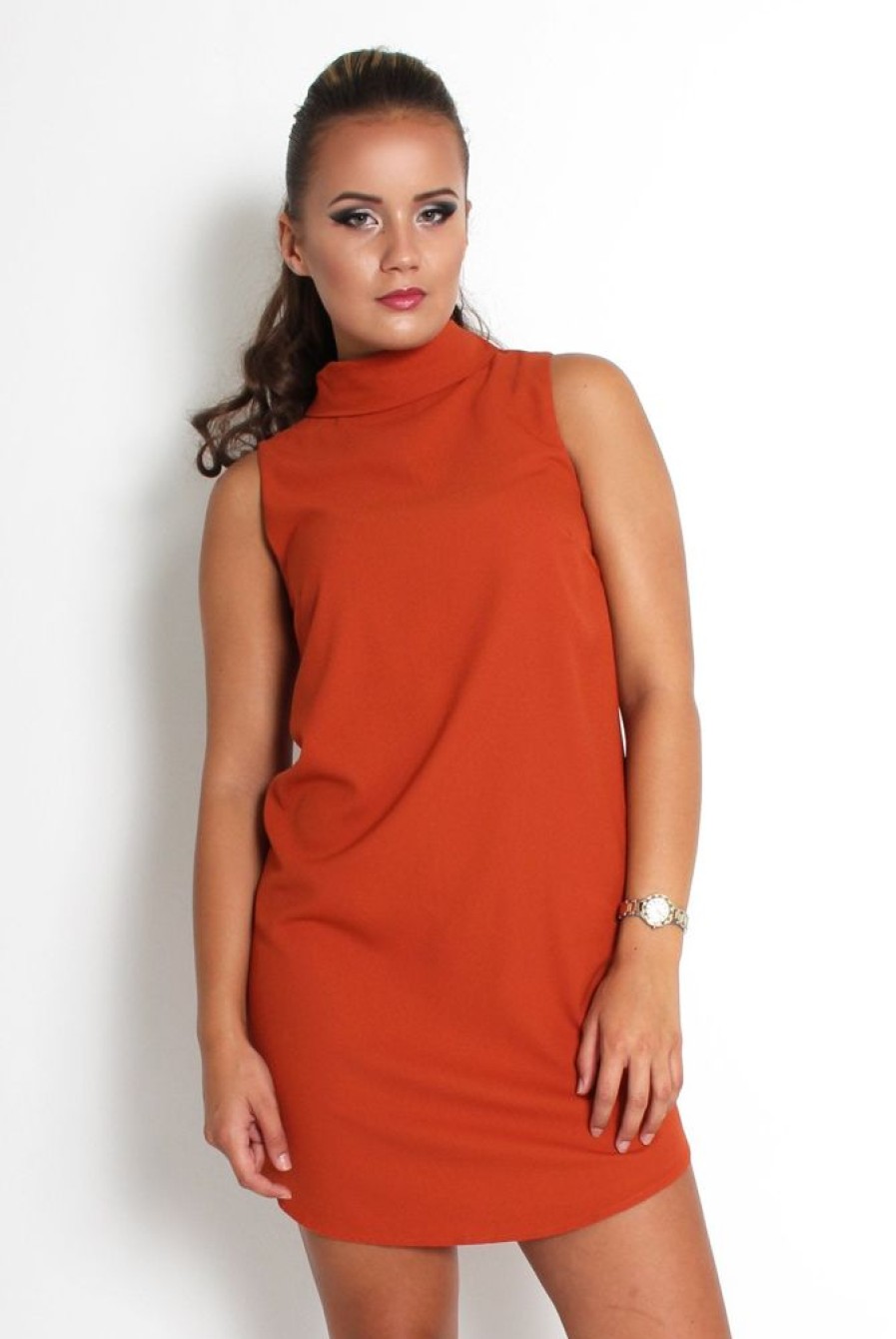 Clothing Rebellious Fashion | Caila Rust High Neck Shift Dress