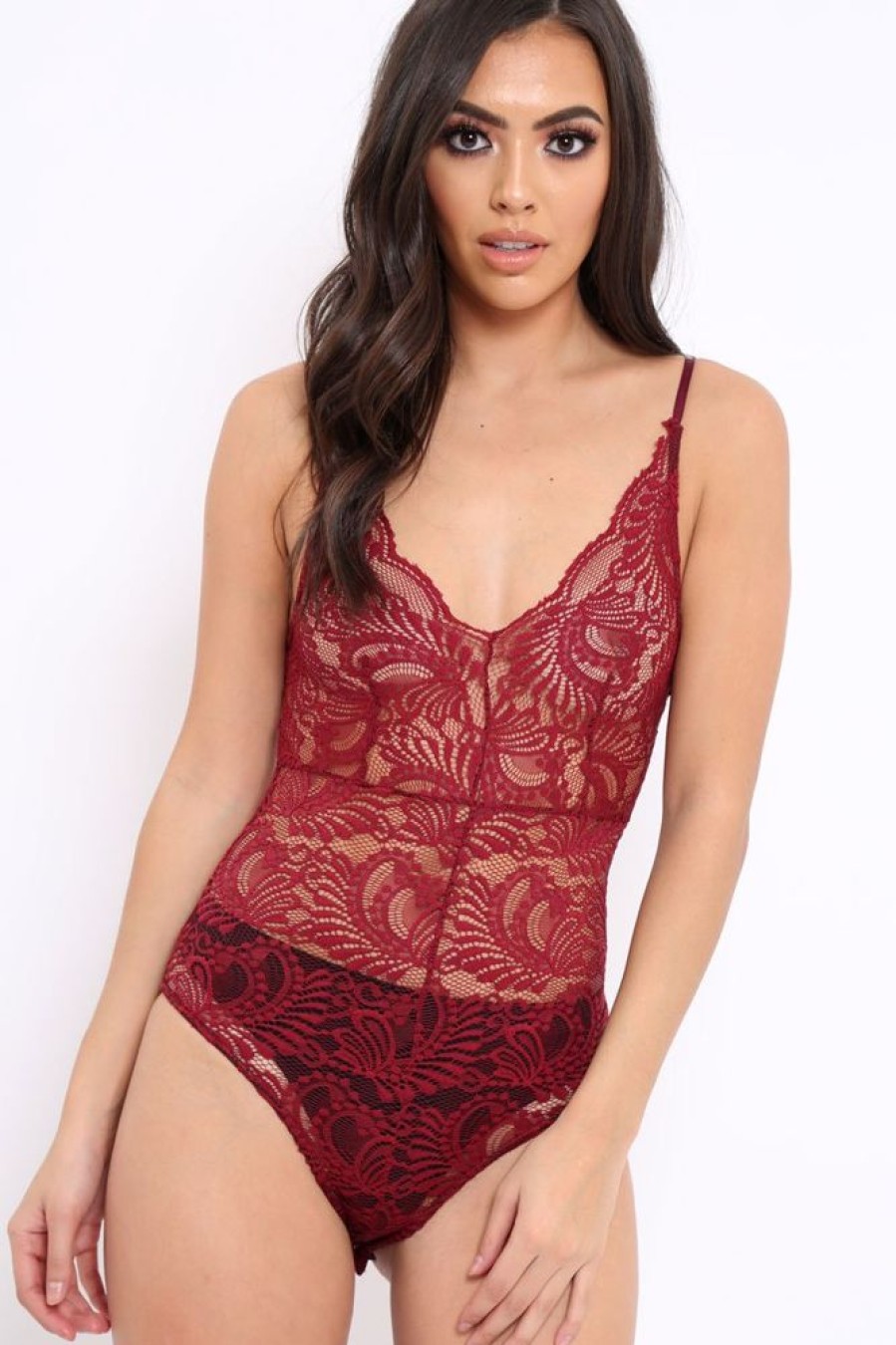 Clothing Rebellious Fashion | Wine Lace Cross Back Bodysuit - Brogan