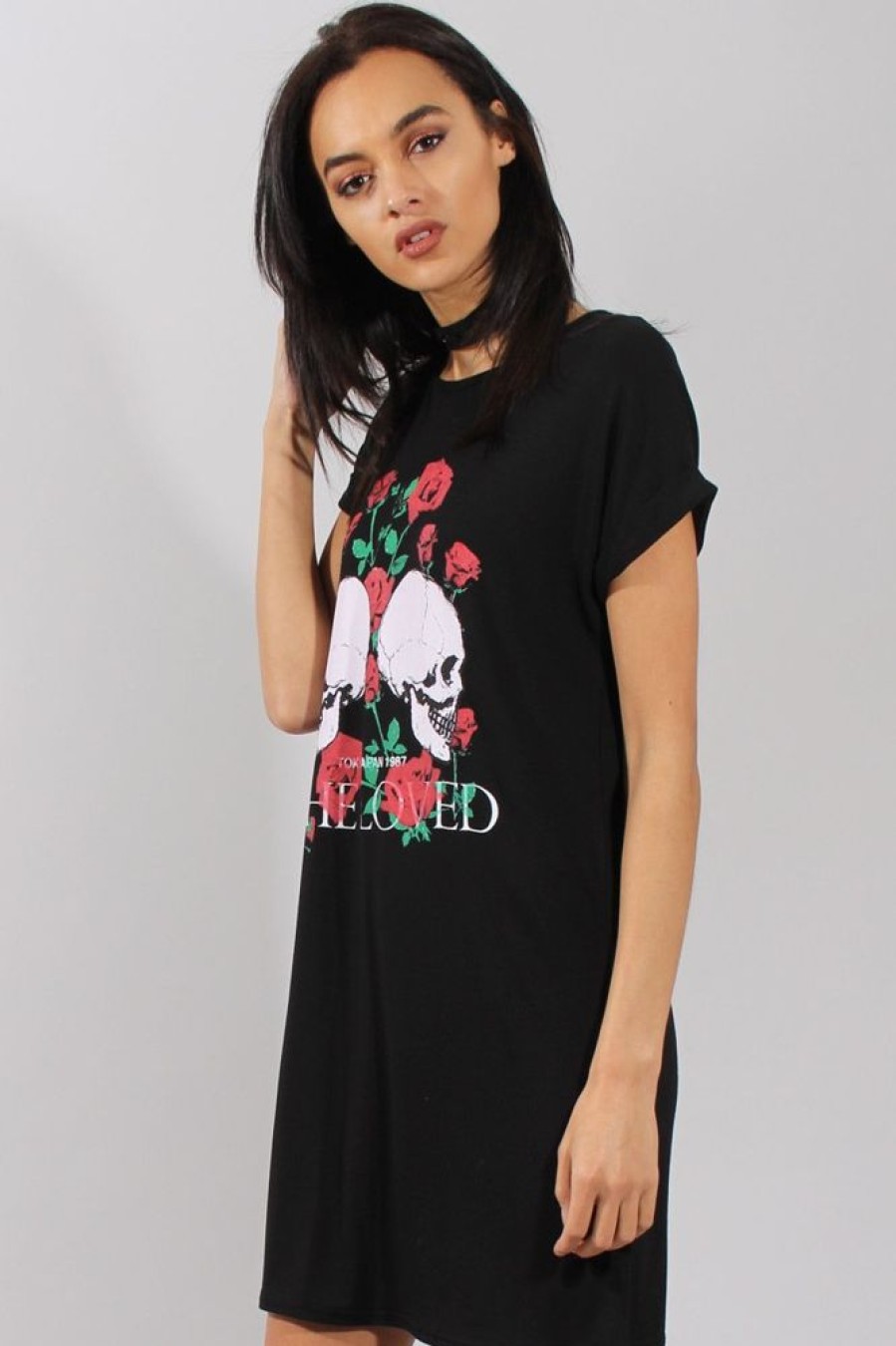 Clothing Rebellious Fashion | Black Slogan Print Tshirt Dress - Avril