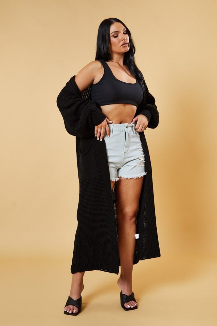 Clothing Rebellious Fashion | Black Longline Knit Maxi Cardigan - Ema