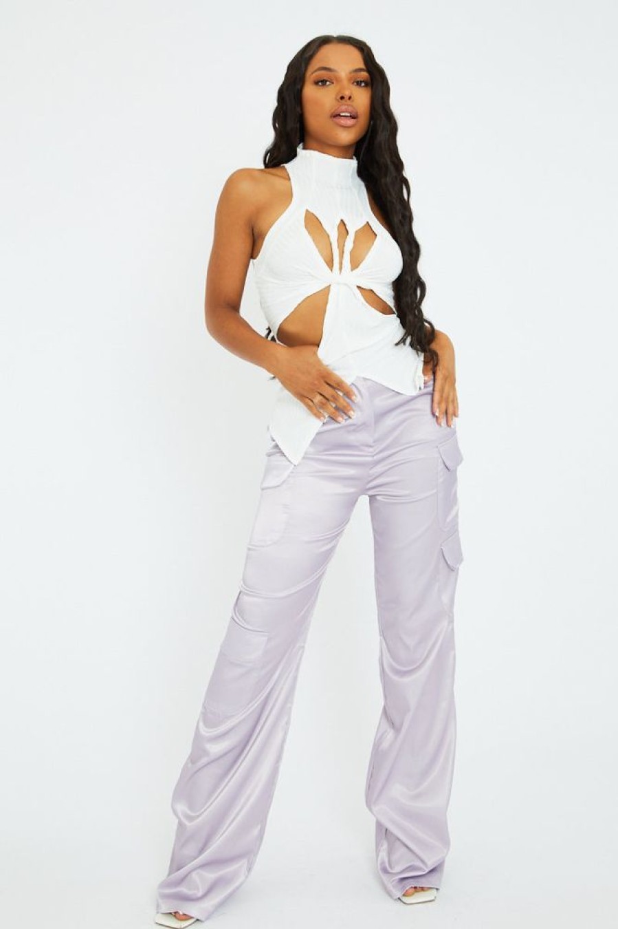 Clothing Rebellious Fashion | Lilac Satin Straight Leg Cargo Trousers - Harlyn