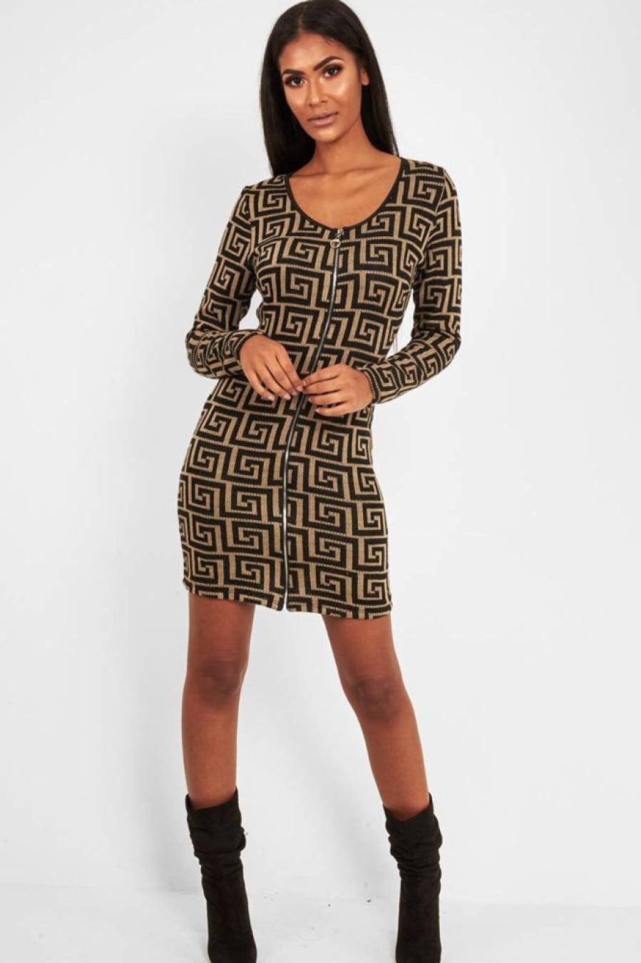 Clothing Rebellious Fashion | Beige Black Repeat Pattern Knit Dress - Lauralie