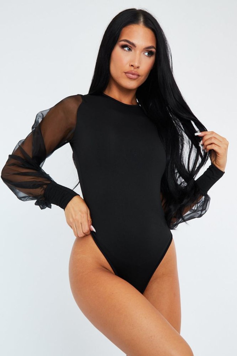 Clothing Rebellious Fashion | Black Organza Sleeves Bodysuit - Ashni