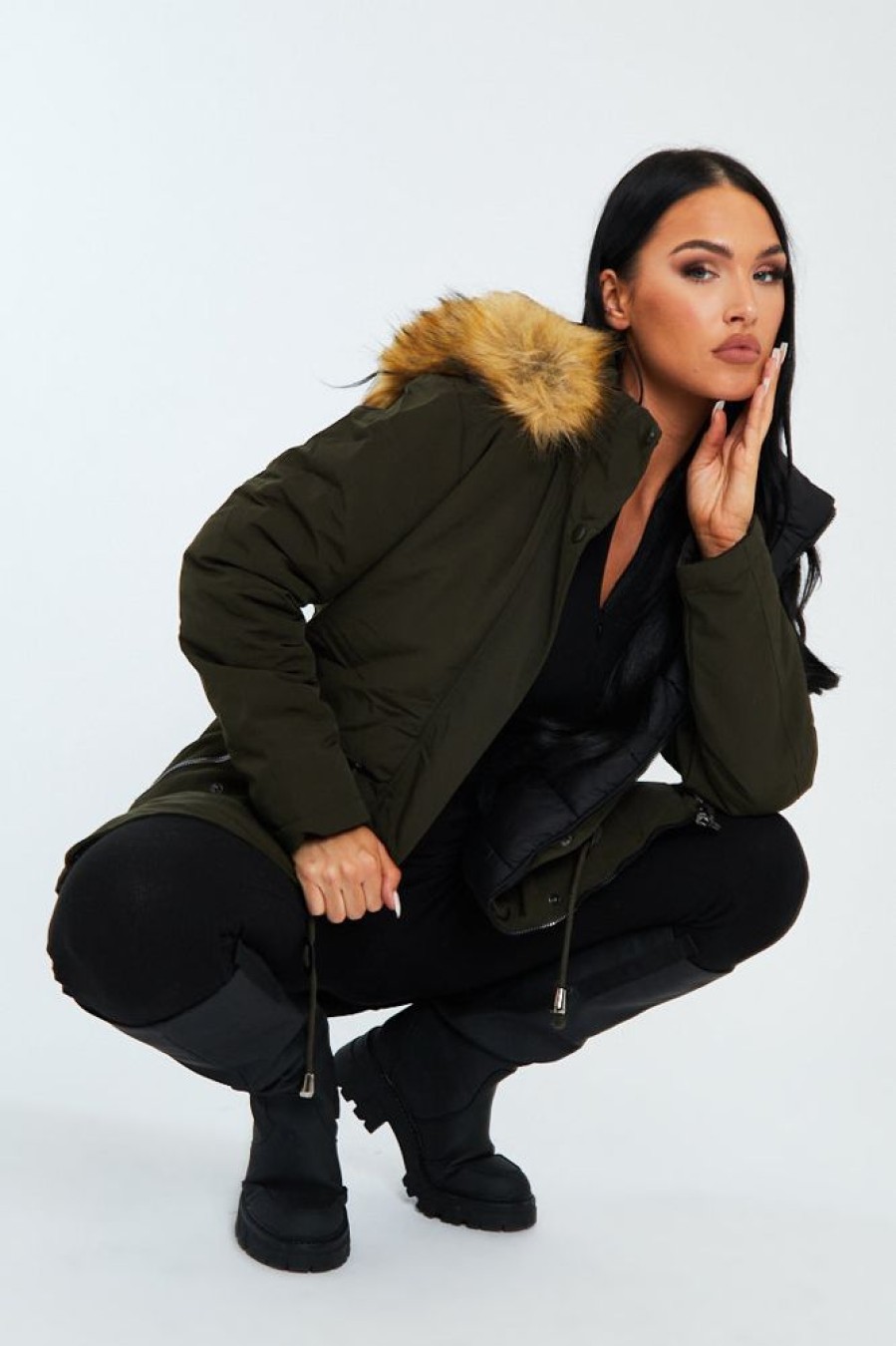 Clothing Rebellious Fashion | Khaki Black Reversible Fur Hood Parka Jacket - Cambri