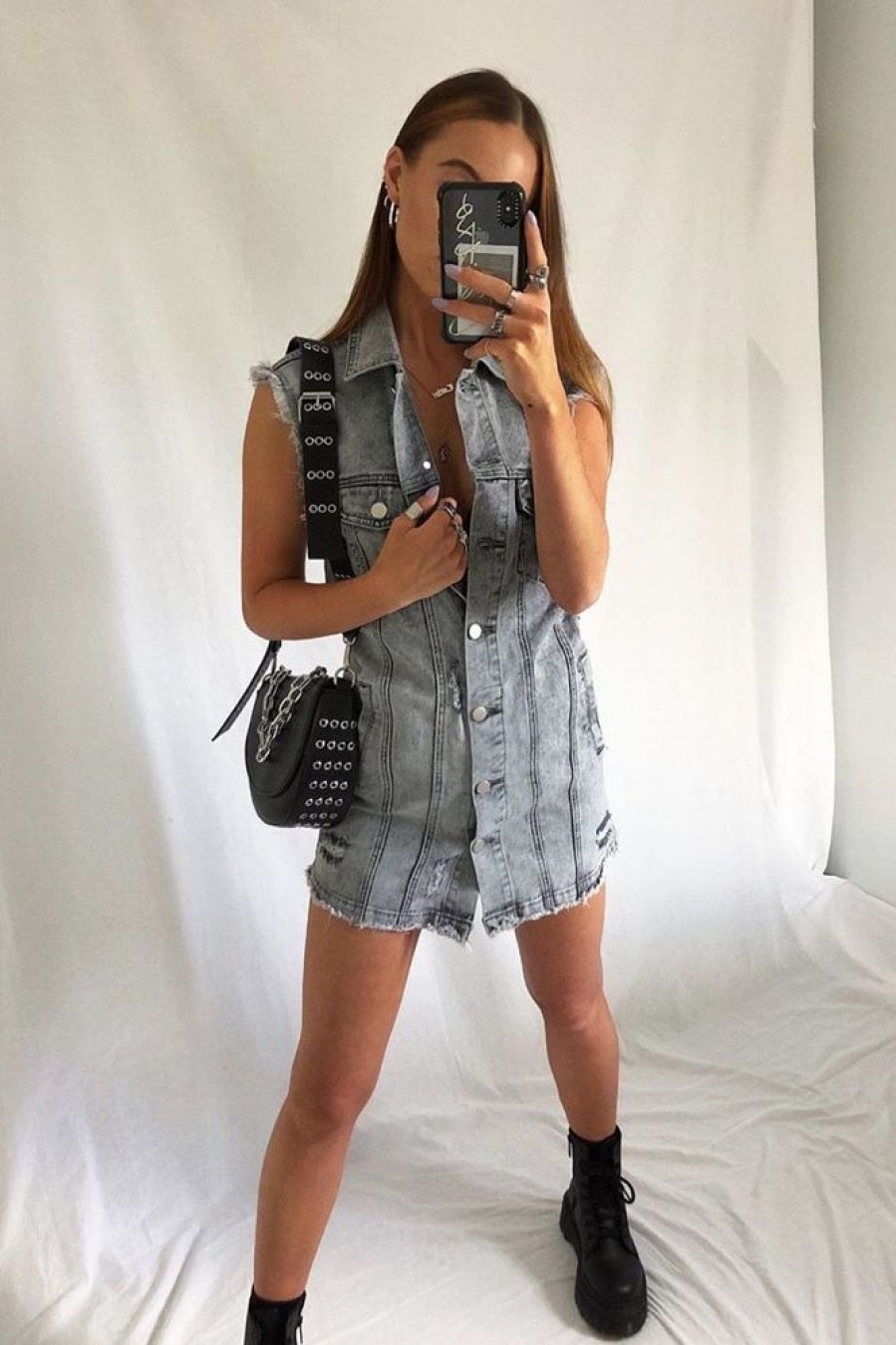 Clothing Rebellious Fashion | Grey Wash Distressed Sleeveless Denim Shirt Dress - Idaliz