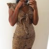 Clothing Rebellious Fashion | Mustard Leopard Print Tie Button Front Bodycon Dress - Aaira