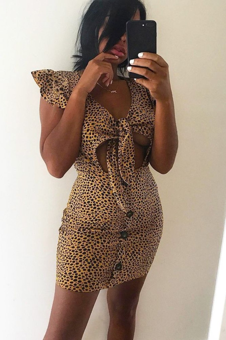 Clothing Rebellious Fashion | Mustard Leopard Print Tie Button Front Bodycon Dress - Aaira