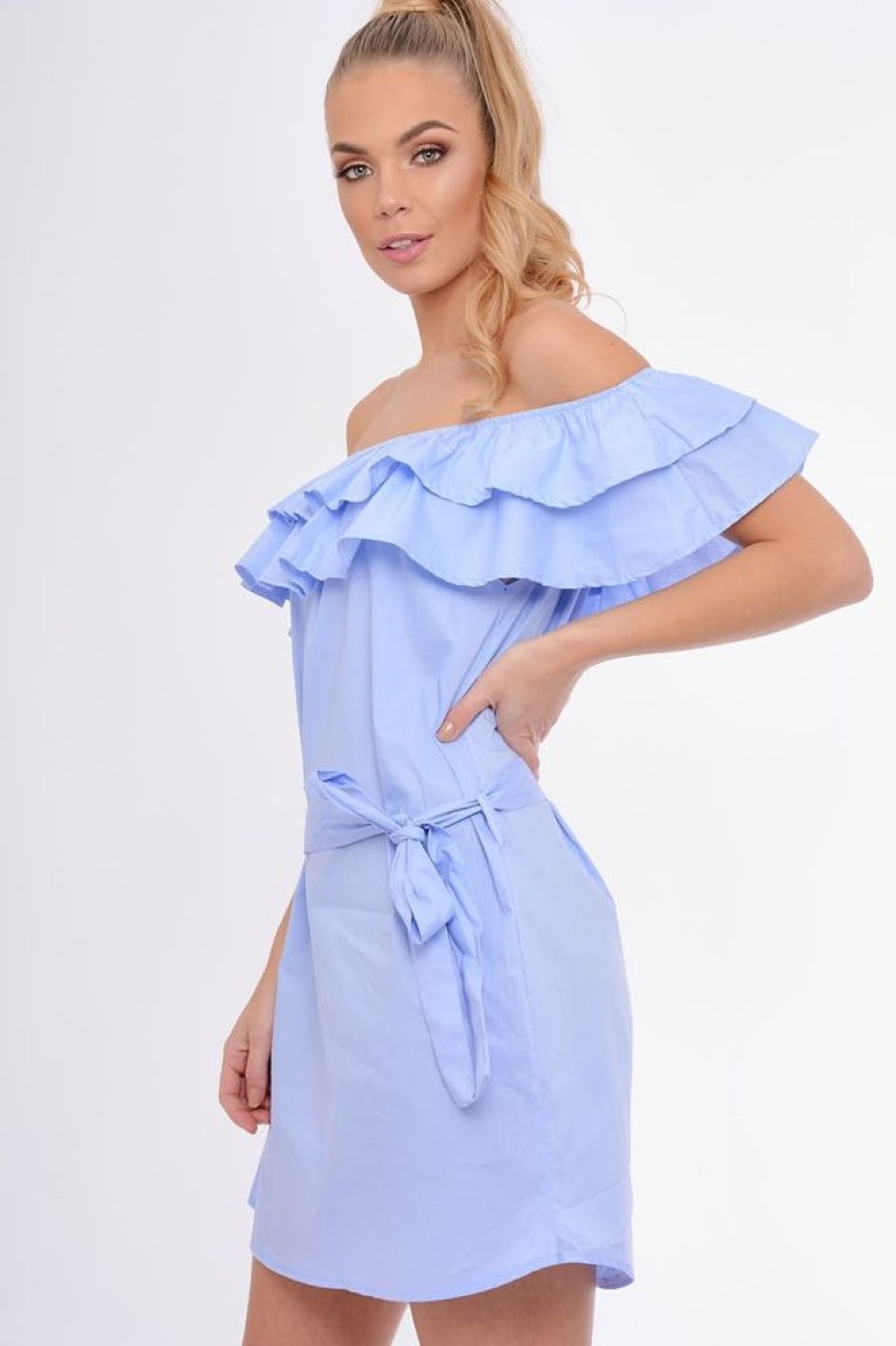 Clothing Rebellious Fashion | Blue Frill Bardot Tie Waist Shirt Dress - Ally