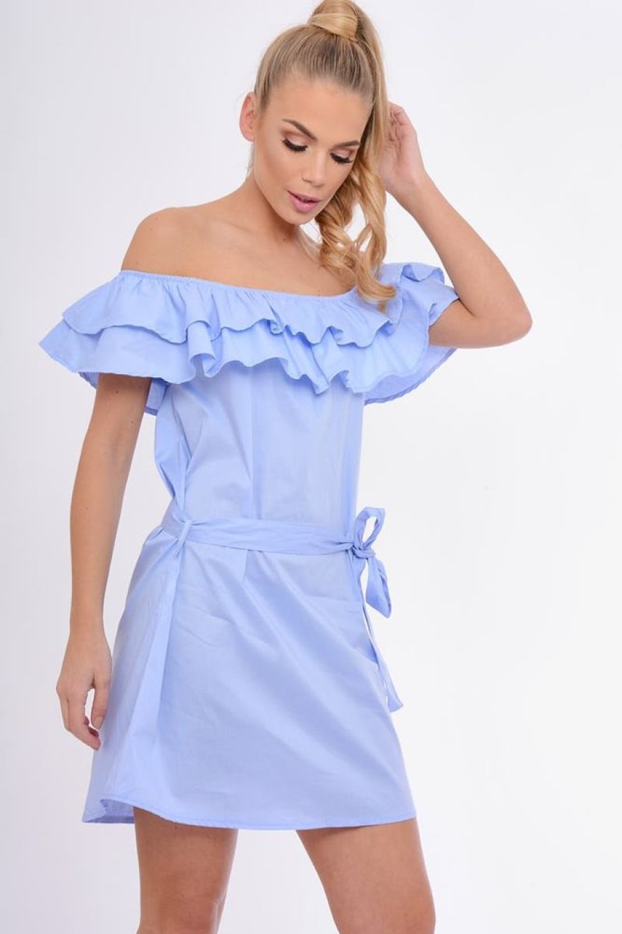 Clothing Rebellious Fashion | Blue Frill Bardot Tie Waist Shirt Dress - Ally