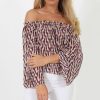 Clothing Rebellious Fashion | Burgundy, Beige And Navy Pattern Bardot Three Quarter Bell Sleeve Crop- Chantelle