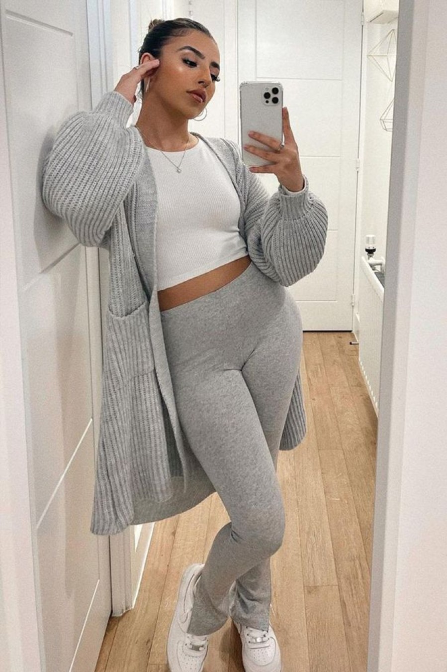 Clothing Rebellious Fashion | Grey Balloon Sleeve Longline Knit Cardigan - Abbie