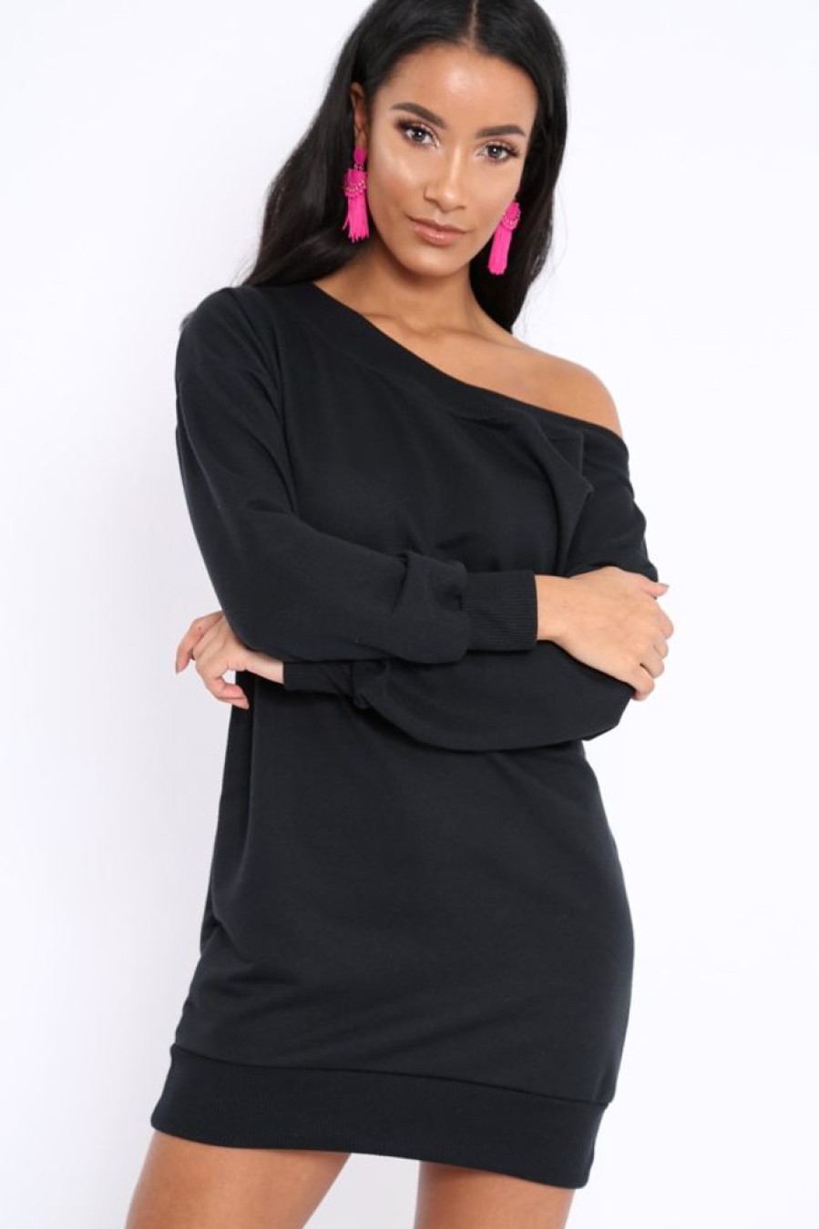 Clothing Rebellious Fashion | Black Bardot Sweater Dress - Ariel