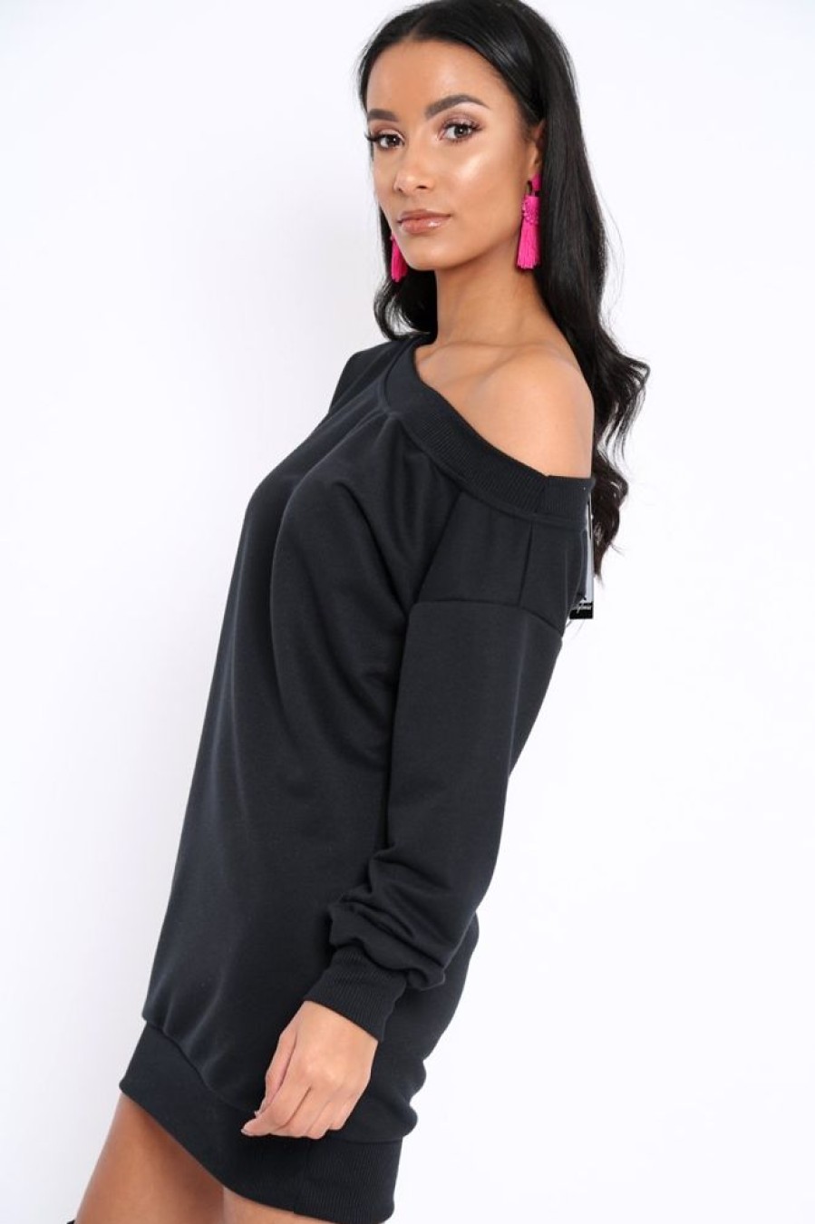 Clothing Rebellious Fashion | Black Bardot Sweater Dress - Ariel