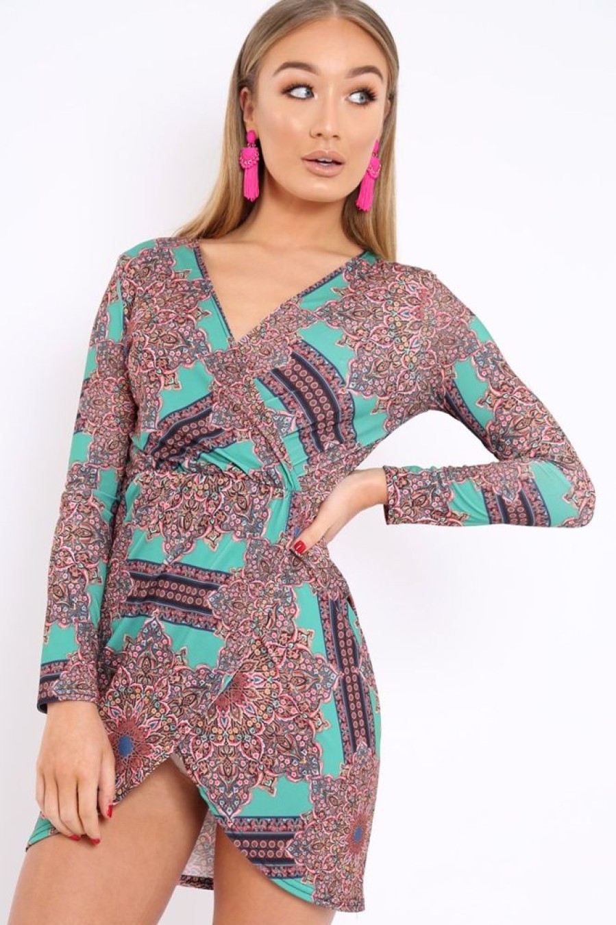 Clothing Rebellious Fashion | Green Paisley Print Slinky Wrap Dress - Denise