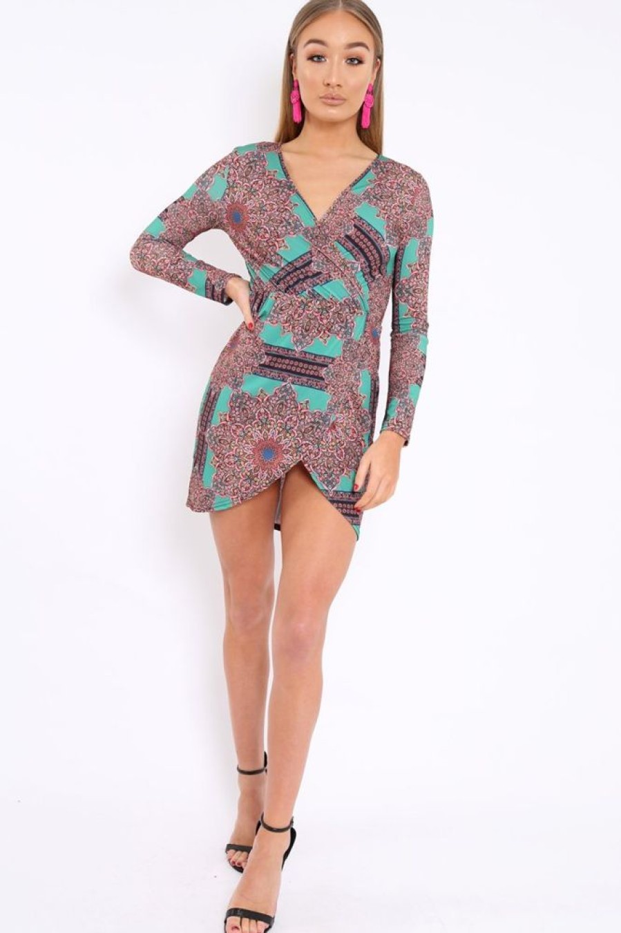 Clothing Rebellious Fashion | Green Paisley Print Slinky Wrap Dress - Denise