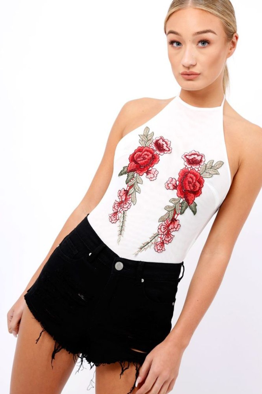 Clothing Rebellious Fashion | White Mesh Floral Embroidered Halterneck Bodysuit - Bebe