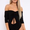 Clothing Rebellious Fashion | Black Bardot Ruched Front And Cut Out Bodysuit - Olivya