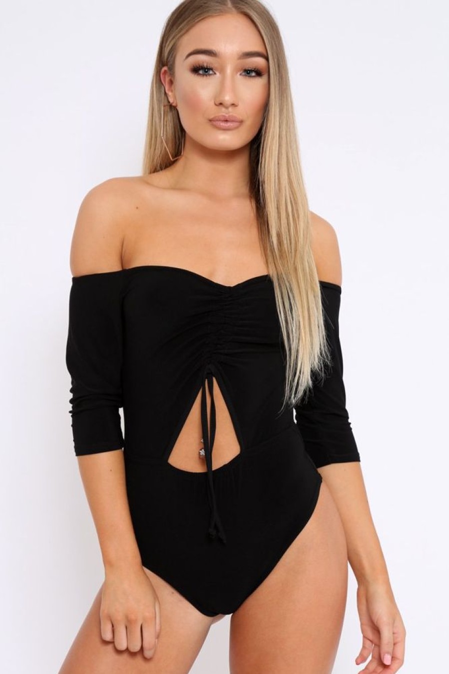 Clothing Rebellious Fashion | Black Bardot Ruched Front And Cut Out Bodysuit - Olivya