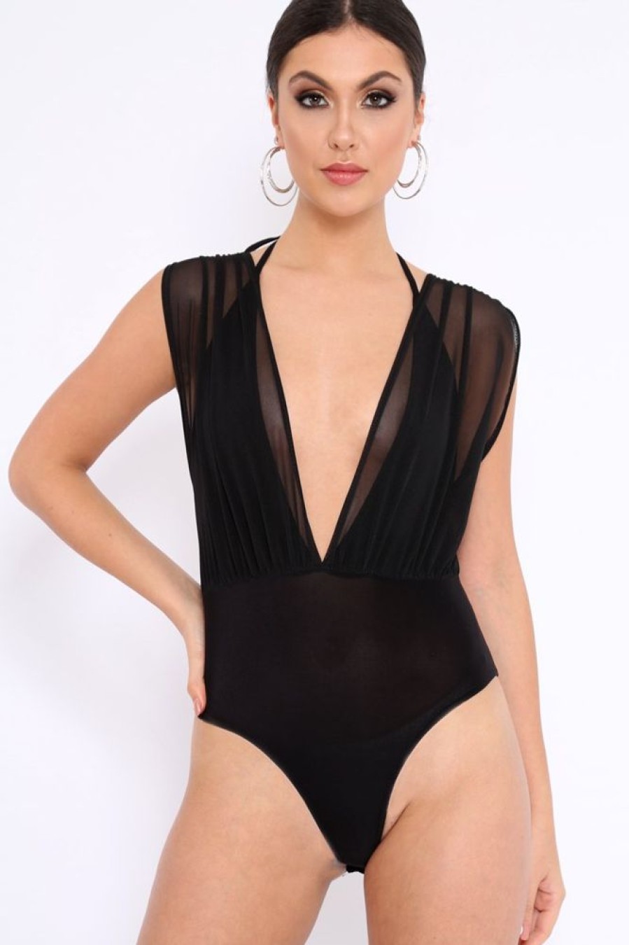 Clothing Rebellious Fashion | Black Mesh V-Plunge Bodysuit - Malie