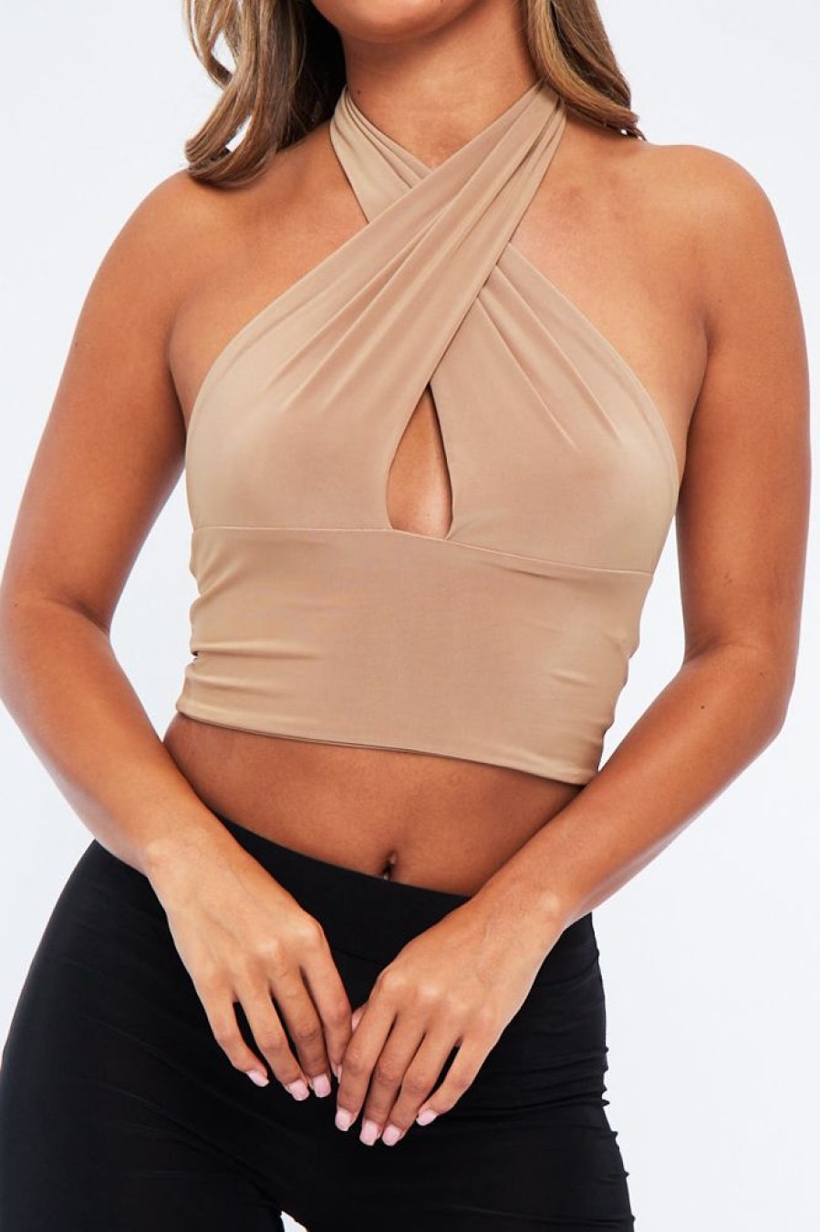 Clothing Rebellious Fashion | Beige Halter Neck Slinky Crop Top - Jessabel