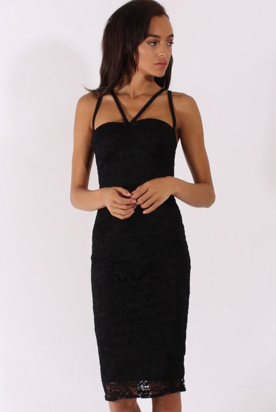 Clothing Rebellious Fashion | Black Lace Harness Midi Dress - Elspeth