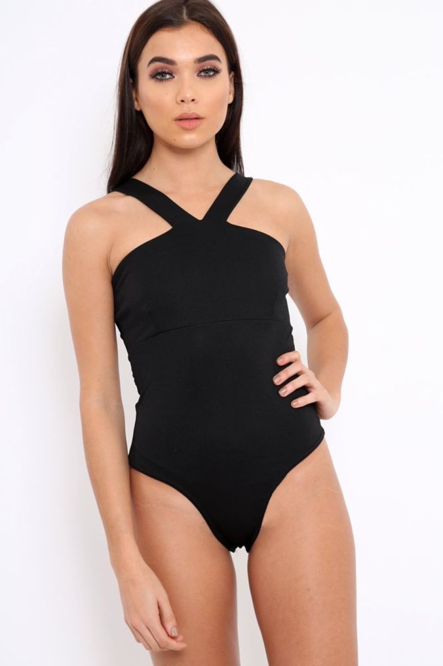 Clothing Rebellious Fashion | Black V Neck Strap Bandeau Bodysuit - Karlah