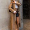 Clothing Rebellious Fashion | Beige Faux Leather Oversized Double Breasted Trench Coat- Xia