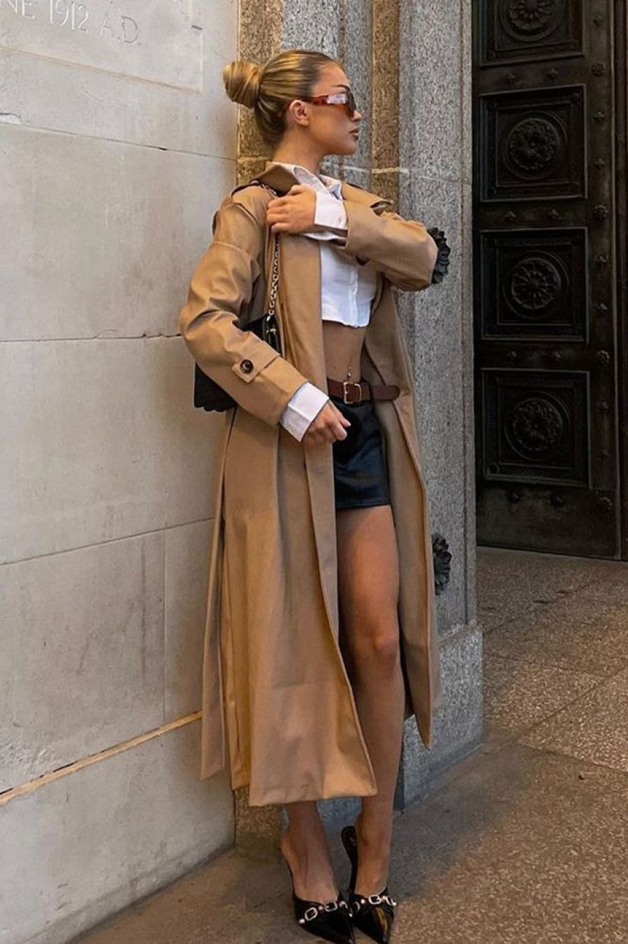 Clothing Rebellious Fashion | Beige Faux Leather Oversized Double Breasted Trench Coat- Xia