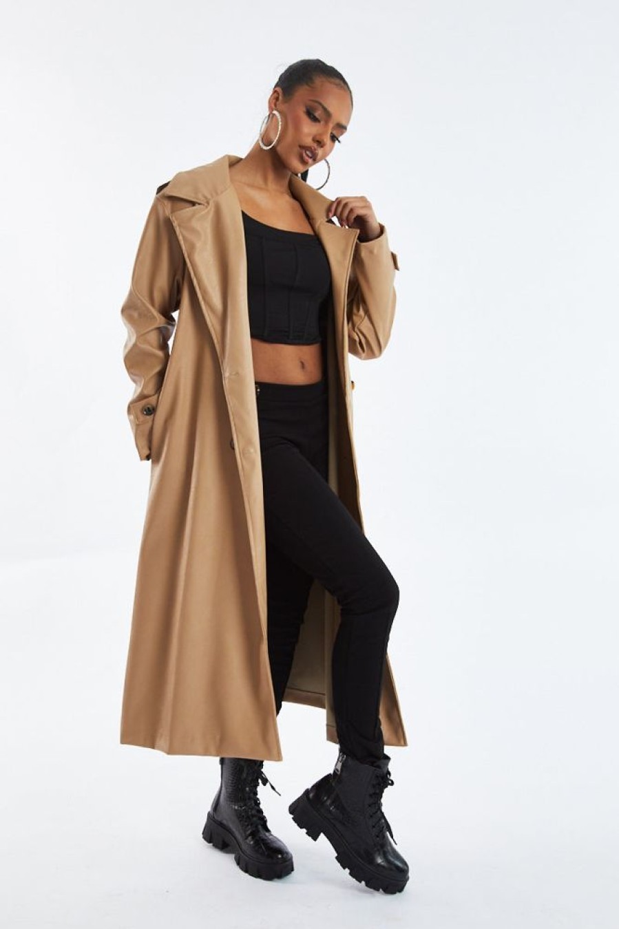 Clothing Rebellious Fashion | Beige Faux Leather Oversized Double Breasted Trench Coat- Xia