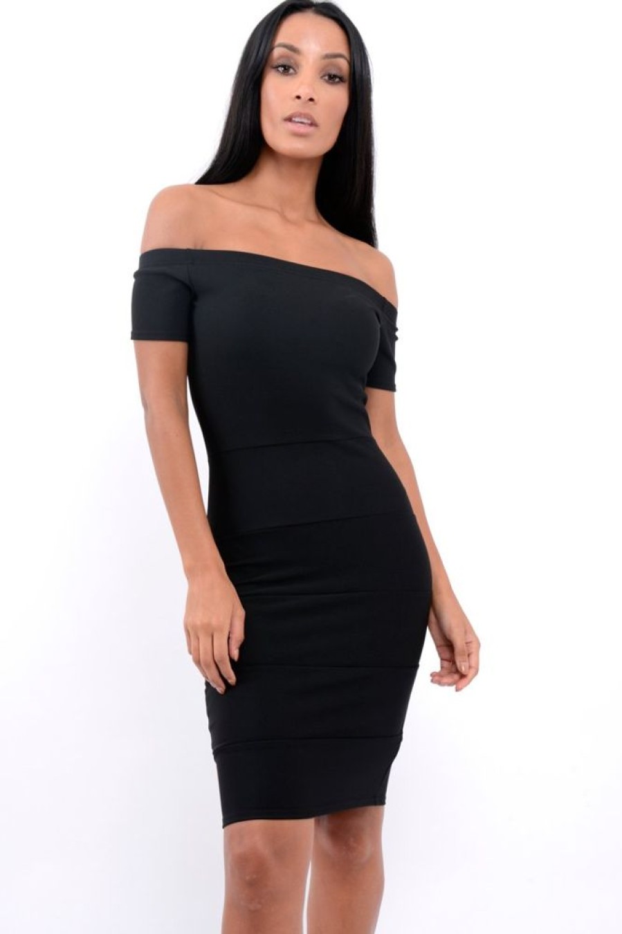 Clothing Rebellious Fashion | Black Ribbed Bardot Bodycon Dress - Phoebe