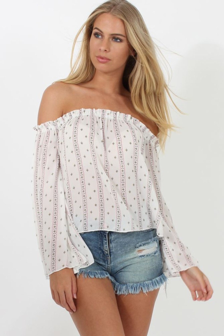 Clothing Rebellious Fashion | White Pattern Bardot Three Quarter Bell Sleeve Crop- Chantelle