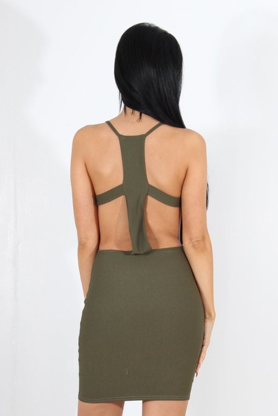 Clothing Rebellious Fashion | Kayla Khaki Cut Out Plunge Mini Dress