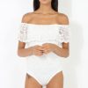 Clothing Rebellious Fashion | White Lace Frill Bardot Bodysuit - Tonika