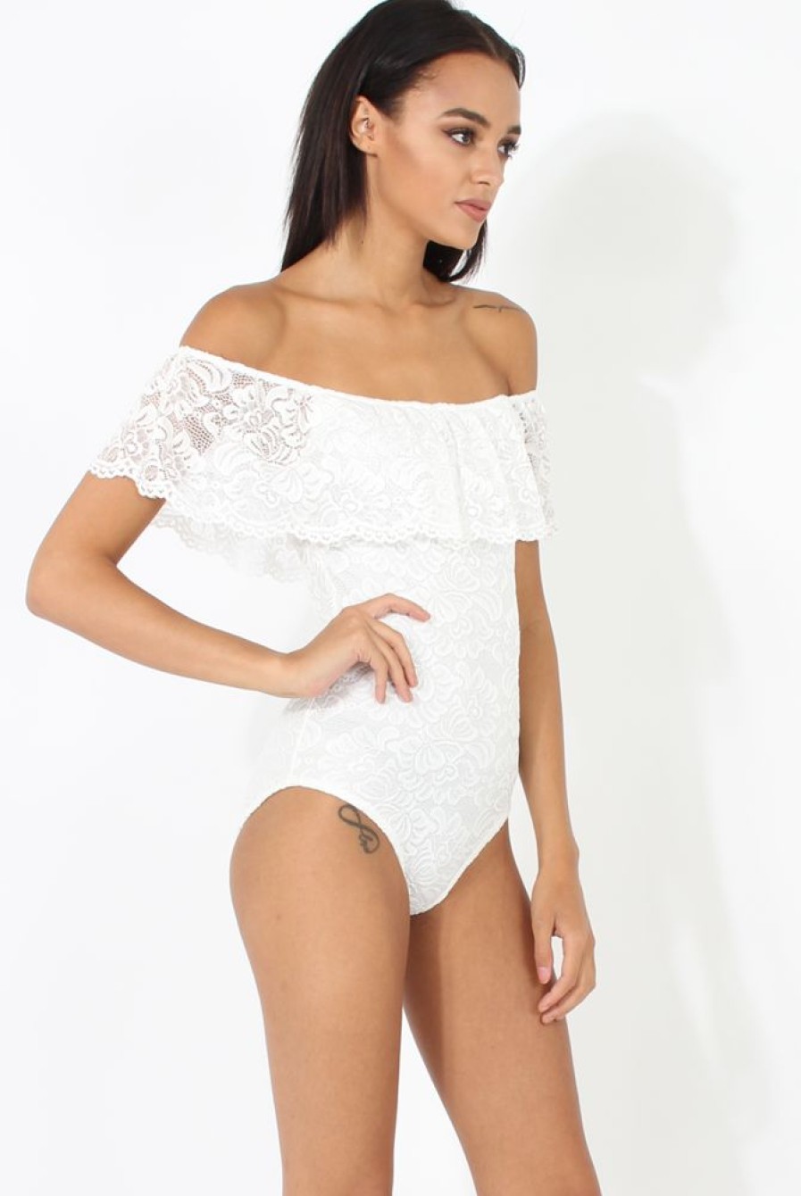 Clothing Rebellious Fashion | White Lace Frill Bardot Bodysuit - Tonika