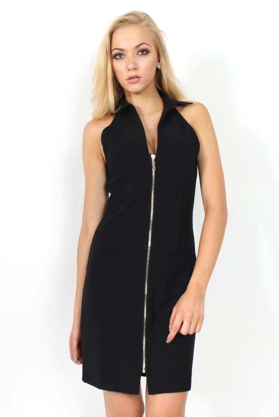 Clothing Rebellious Fashion | Tia Black Plunge Pocket Dress