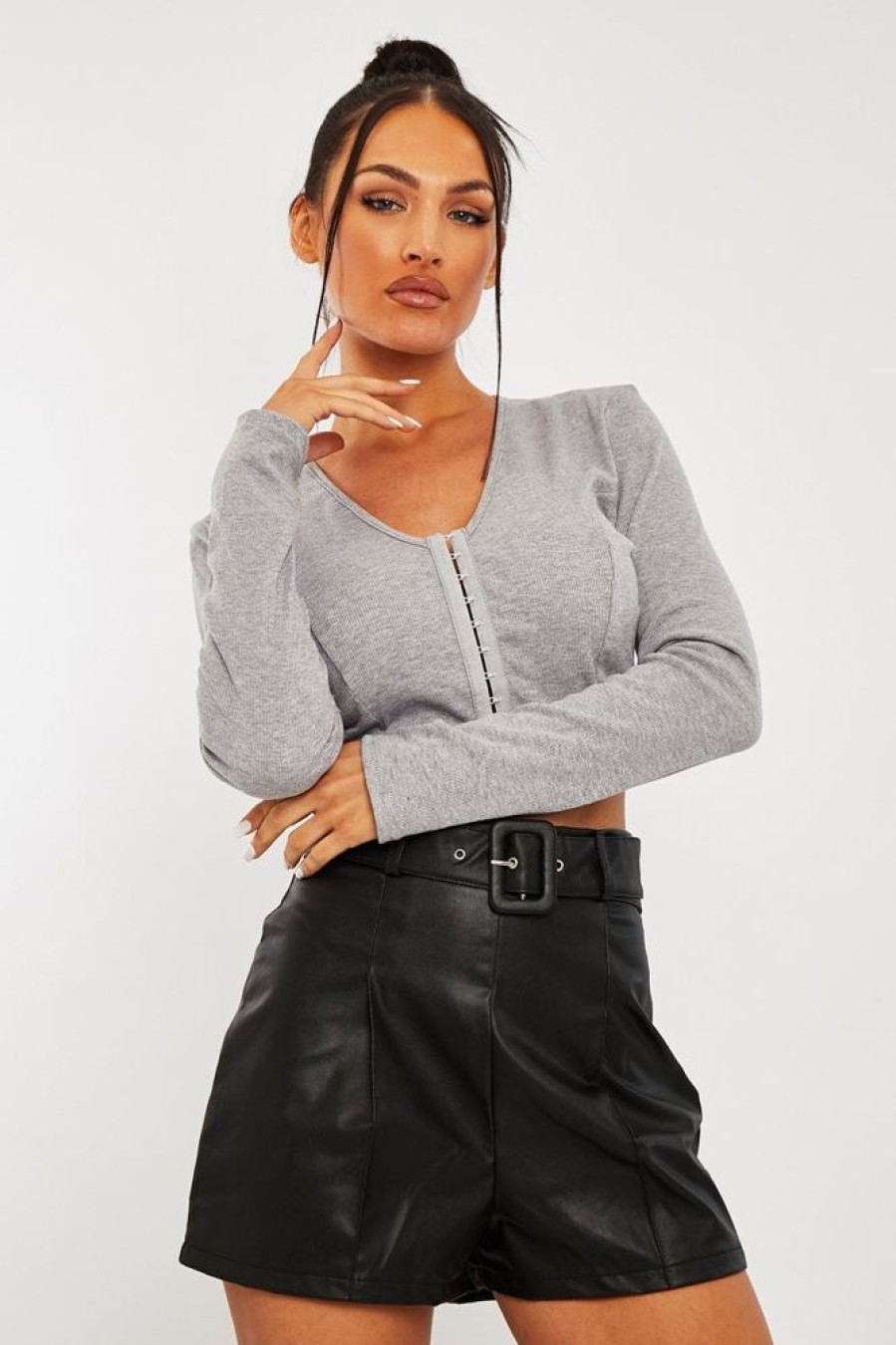 Clothing Rebellious Fashion | Grey Ribbed Hook Fastening Crop Top - Piper